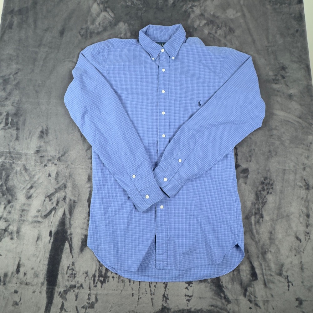 Ralph Lauren Button Down Shirt Mens LT Blue Micro Check Classic Fit Long Sleeve